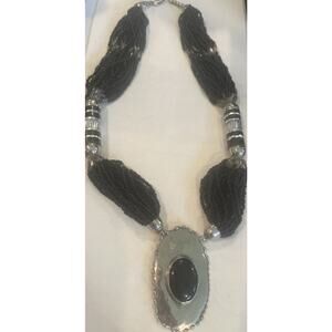 Vintage Multistrand Seed Bead Necklace Silvertone with Black Pendant 15” Estate